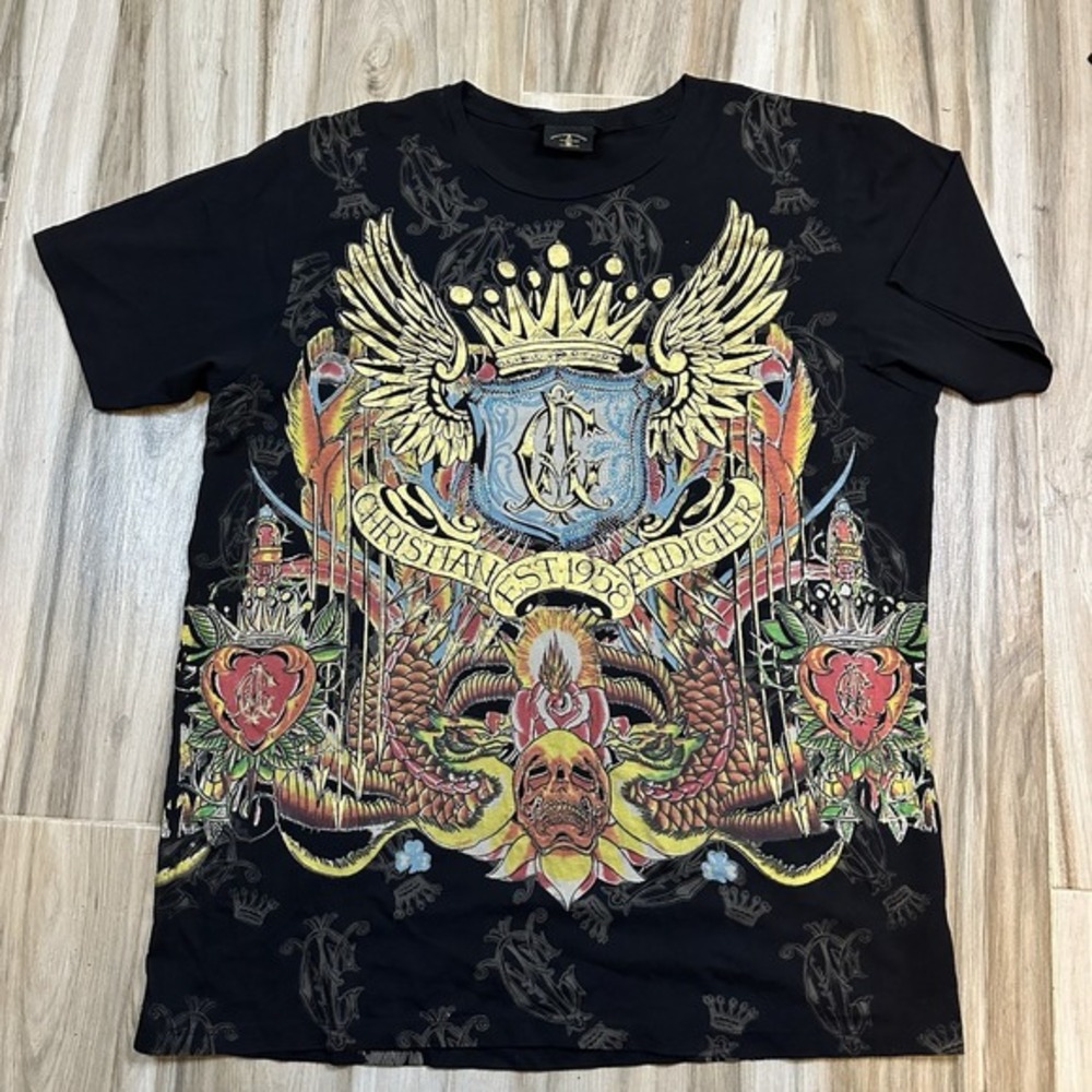 VTG Christian Audigier Y2K 4XL T-shirt king skull‎ sword snake heart USA Rare